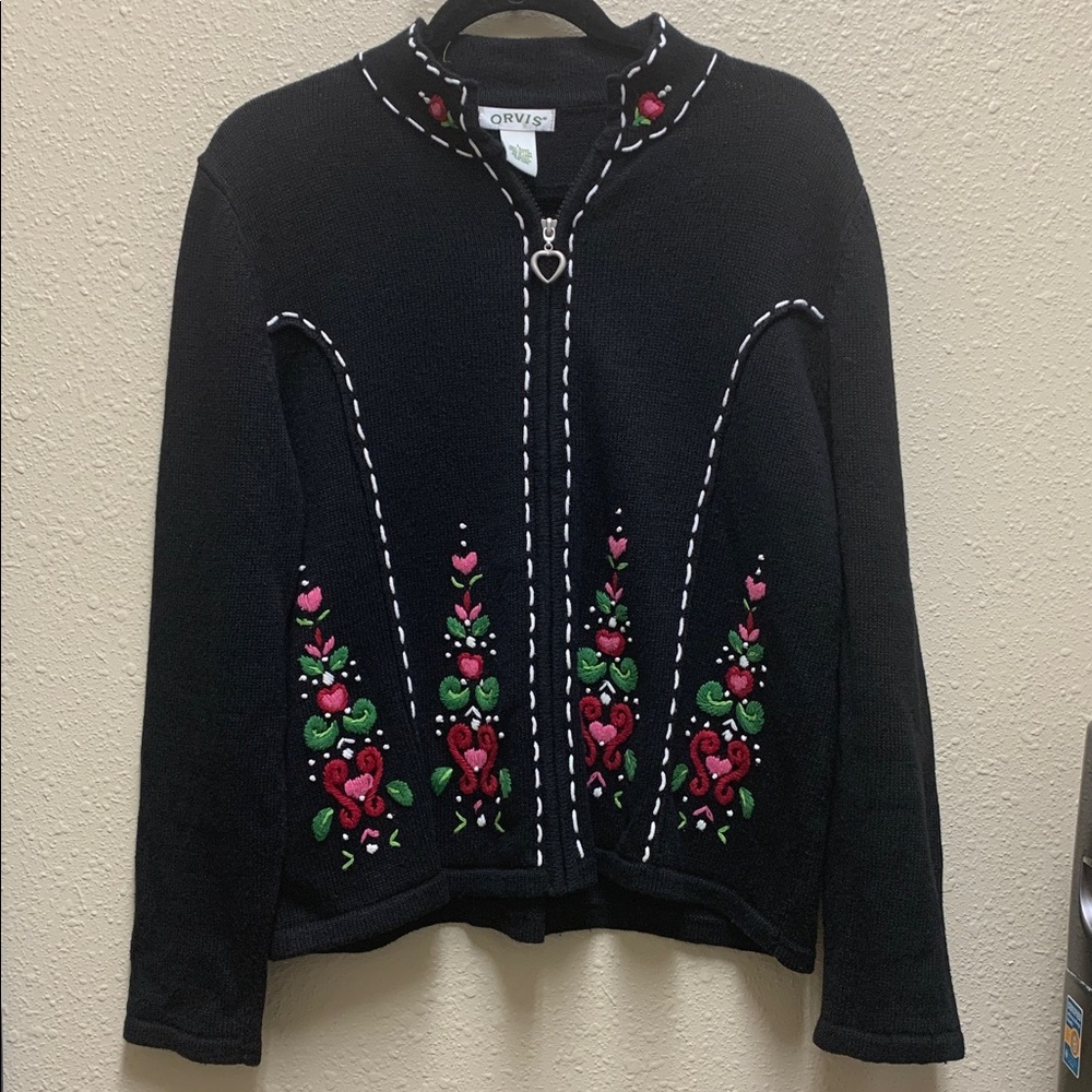 Vintage 90s Orvis Black Knit Full Zip Floral Embroidered Heart Cardigan Large